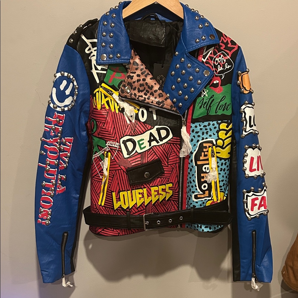 NWT Bellivera faux leather jacket with vibrant, bold colors and graphics!